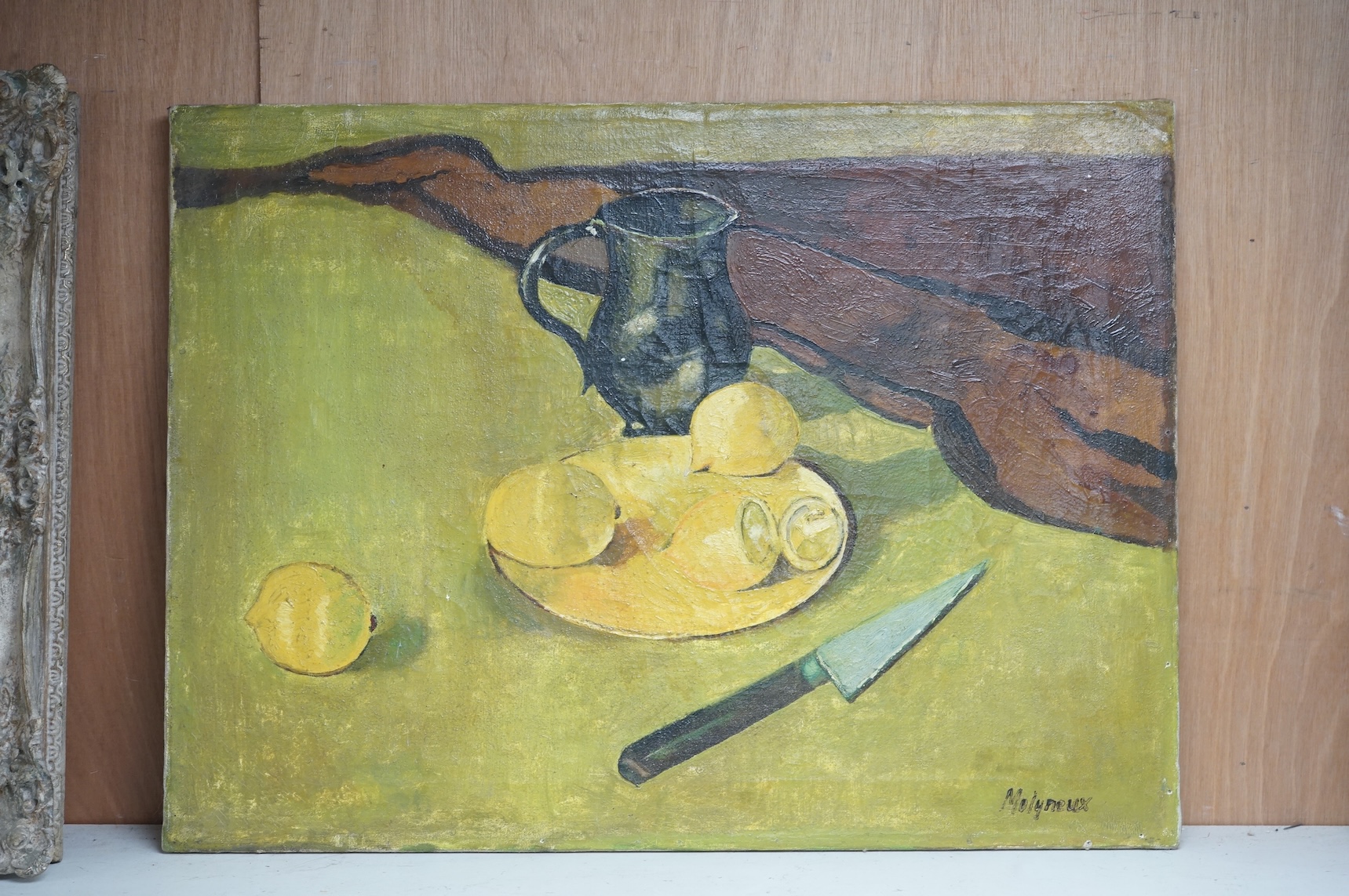 Edward Molyneux (1891-1974), oil on canvas, Still life of lemons and vessels, signed, 49 x 65cm, unframed